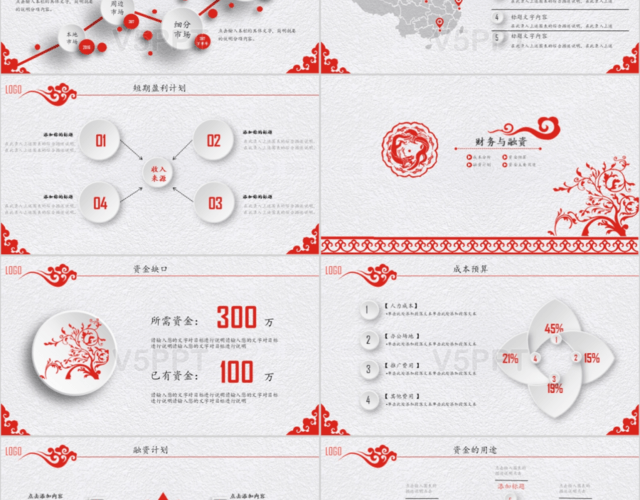 红色喜庆剪纸风商业计划书创业融资ppt模板