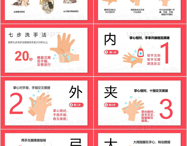 红色儿童卡通预防新型肺炎七步洗手法ppt模板