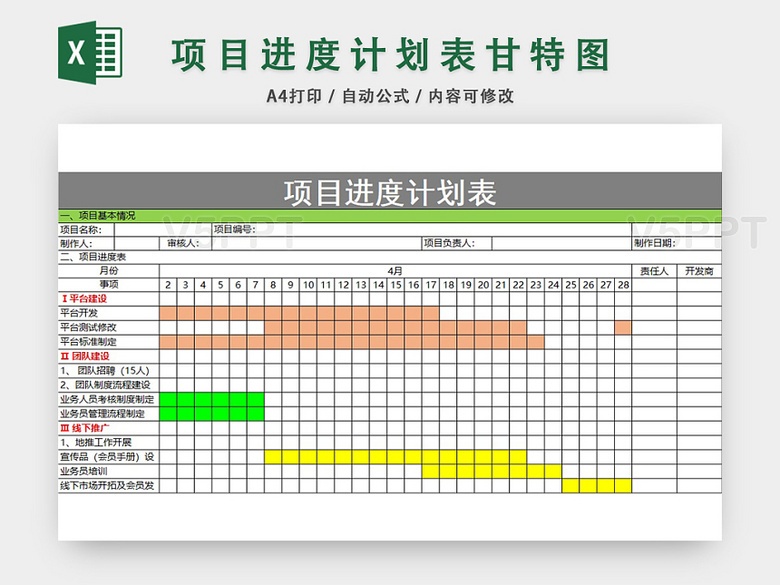 项目管理 项目管理表 项目进度计划表模板excel表甘特图 v5ppt为您