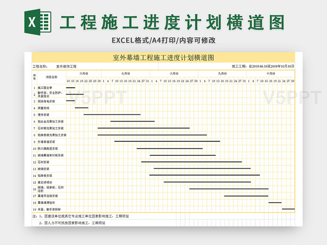 室外幕墙工程施工进度计划横道图excel模板