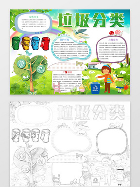 小学生手抄报 卡通校园绿色背景垃圾分类手抄报